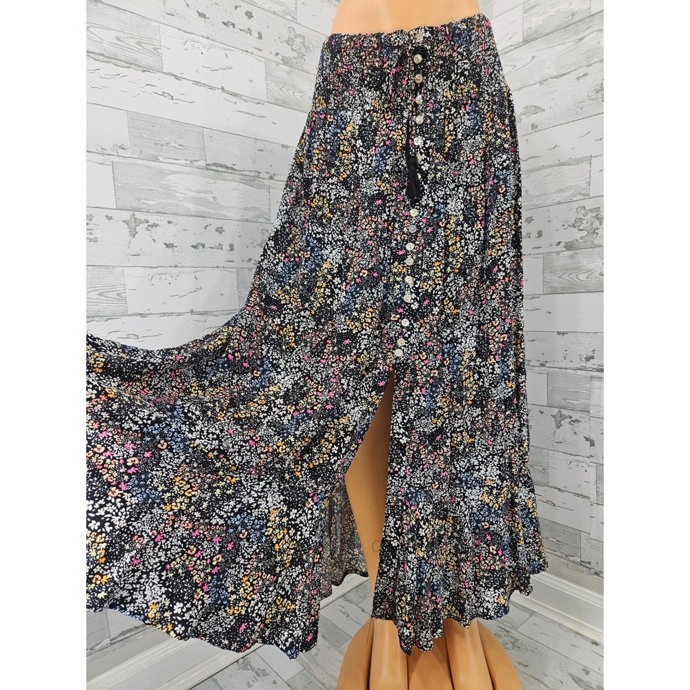 Rachel Zoe Floral Maxi Skirt Black Smocked Waist Button Front Boho Ruffle Small